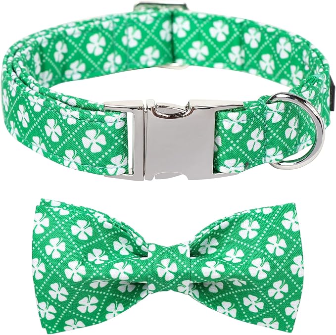 Maca Bates St. Patrick's Day Shamrock Dog Collar,Fancy Bow Tie,Small Girl Boy Dogs, Checkered Lucky Clover Pattern,Adjustable Durable Soft Checkered Collars Irish Gift for Male Female Puppy