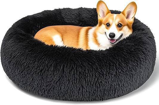 Dog Calming Beds for Medium Large Dogs - Round Donut Washable Puppy Dog Bed, Anti-Slip Faux Fur Fluffy Donut Cuddle Anxiety Cat Pet Bed(28'' Black)