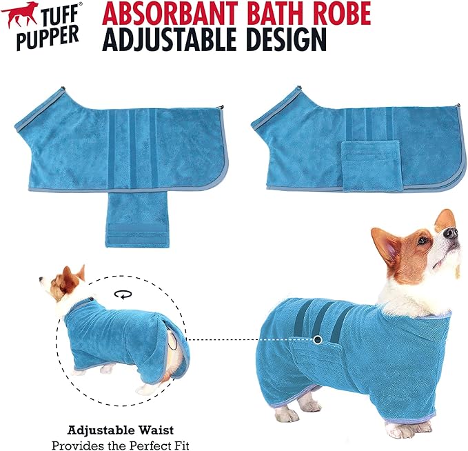 Tuff Pupper Fast Drying Dog Bath Robe | 800 GSM Plush Dog Towel Bathrobe/Dressing Gown | Super Absorbent Pet/Puppy Bathrobe | Adjustable Hood & Belly Strap | Super Soft | Fast Drying (XXL, Blue)