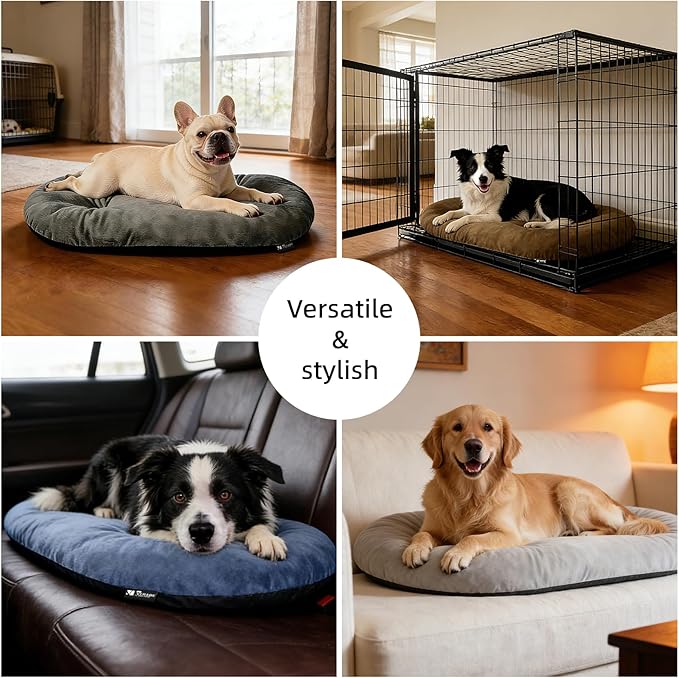 Washable Large Dog Bed 35x22 Inch - Silver Fox Faux Fur Supportive Pad, Non-Slip Bottom Durable Oval Pet Bed Indoor Outdoor for Medium Dogs Cats(Dark Grey)