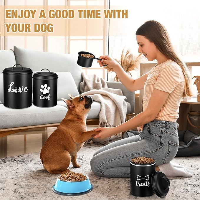 Dog Food Containers Set of 3 with Lids and Spoon Airtight Metal Dog Treat Snack Jars with DIY Labels Big Pet Cookie Storage Jar for Farmhouse Kitchen Counter(Black)