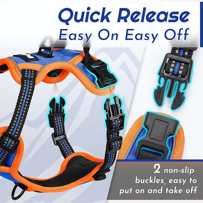 Eagloo Dog Harness for Large Dogs, No Pull Service Vest with Reflective Strips and Control Handle, Adjustable and Comfortable for Walking, No Choke Pet Harness with 2 Metal Rings, Blue & Orange, XL