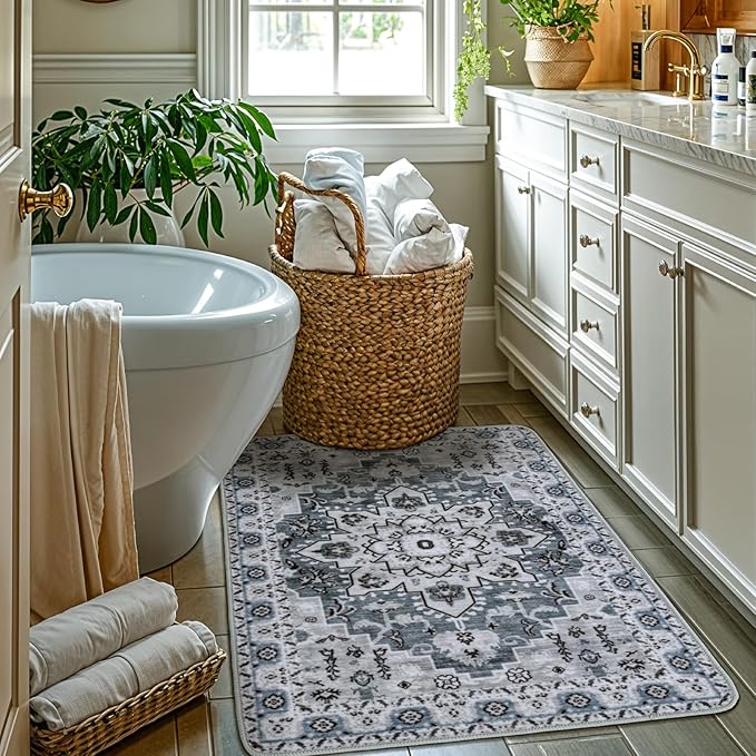 LBRO2M Rug for Entryway Indoor 2X3 Washable Rug Boho Design Door Carpet Throw Rugs for Kitchen Bathroom Non Slip Pet Friendly Area Rugs (2X3, Dusty Blue)