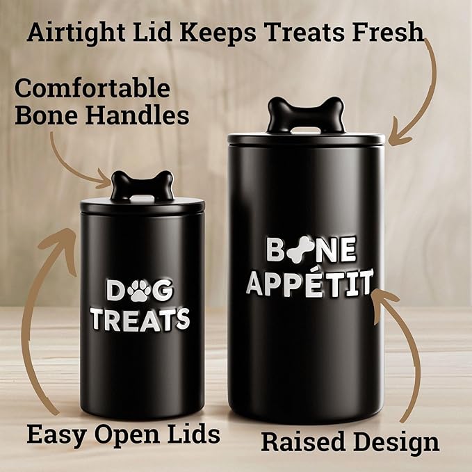 Dog Treat Container Airtight Set of 2 - 10x5 in & 7x4 in Ceramic Dog Treat Jars for Kitchen Counter with Airtight Lids - 11 Cup Capacity Pet Treat Container Set - Doggie Cookie Jar - Treats Canister