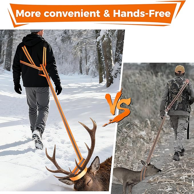 Deer Drag Harness & Rope – Heavy Duty 480lbs Capacity, Reflective Orange Hunting Gear with Comfortable Shoulder Strap, Soft Handle – Essential for Dragging Deer, Elk, Boar – Gift for Hunters