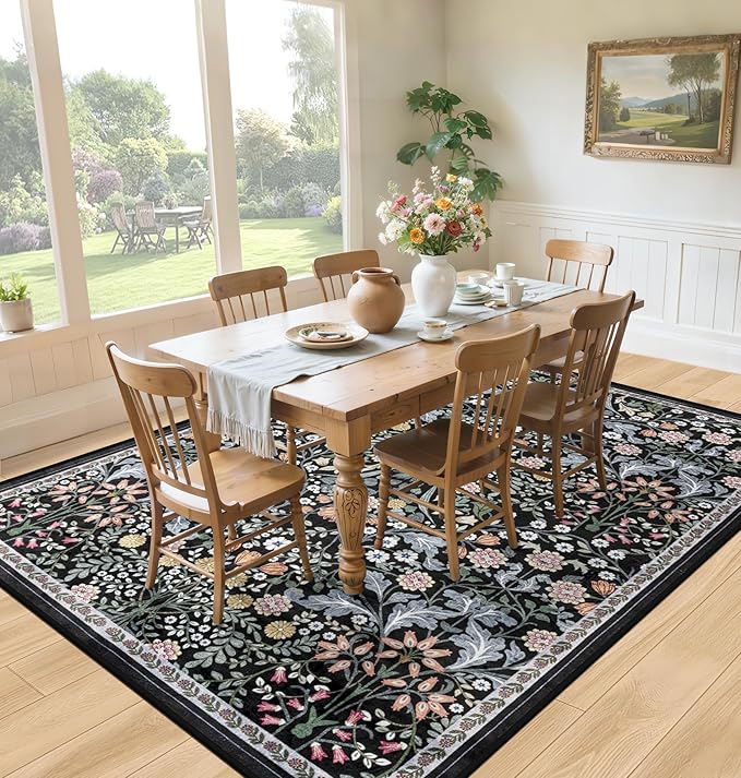 Area Rug Living Room Rugs: Floral 4x6 Washable Rug Vintage Soft Boho Non-Slip Carpet Indoor Floor Stain Resistant Large Carpets for Bedroom Dining Room Farmhouse Nursery Hallway Home Office Dark Black