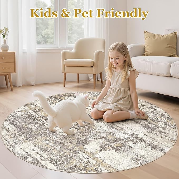 6ft Round Area Rugs for Living Room: 6x6 Abstract Washable Rug Modern Large Soft Stain Resistant Non-Slip Backing Machine Table for Bedroom Dining Room Indoor Home Office Carpet - Gold Brown
