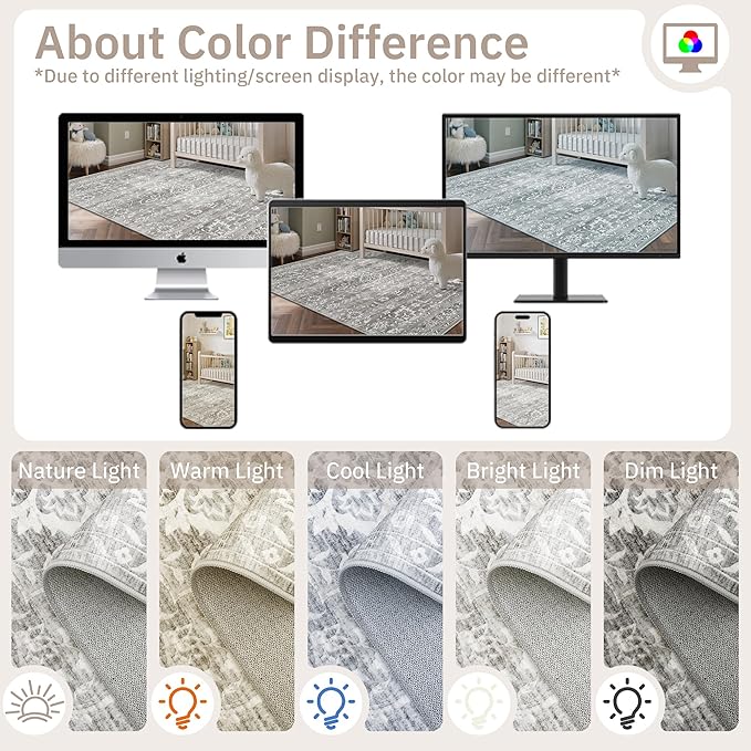 Living Room 10x14 Area Rugs, Washable Low Pile Non-Slip Stain Resistant Extra Large Thin Rug, Vintage Soft Throw Carpet for Dining Room Bedroom Farmhouse Home Office Decor Grey