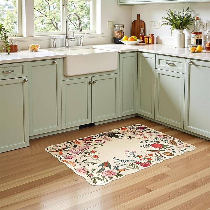 Rugflix Scalloped Floral Rug for Entryway, 2x3 Washable Non-Slip Kitchen Area Rugs, Small Low Pile Indoor Door Mat, Soft Entrance Carpet for Bathroom Bedroom, Cream Beige