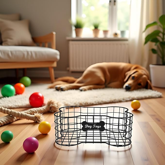 Metal dog toy bin basket bone shape designed outdoor dog toy storage great for collecting pet chew toys leashes clothing in living room area playroom closet shelf