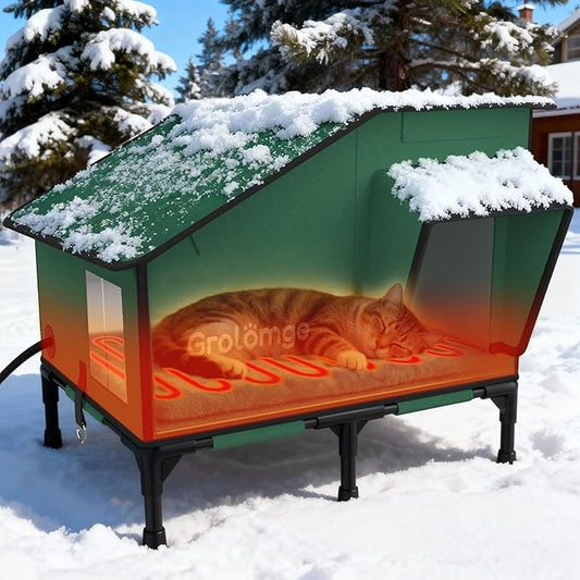 Heated Cat House for Outside, Elevated Cat Shelter with Heating Pad & Escape Door, Extremely Insulated Outdoor Cats Shelter for Feral Cats, Community Pets, Kittens