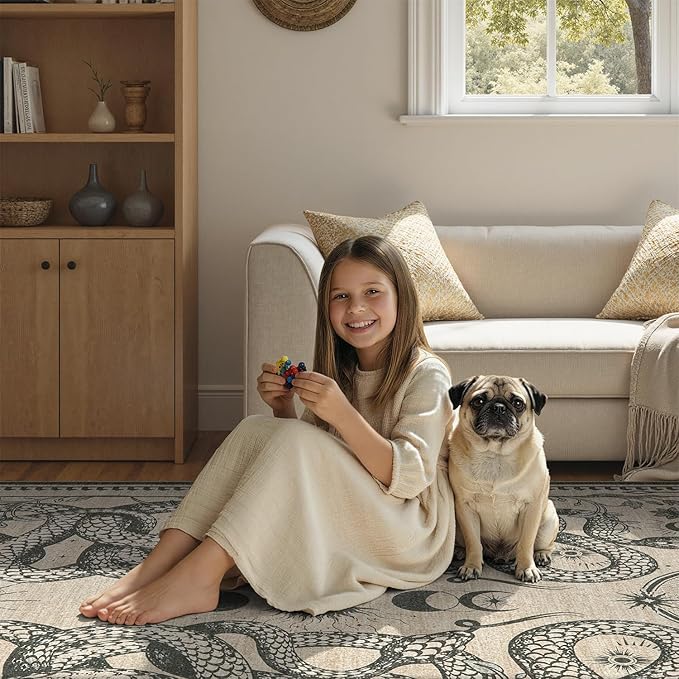 DCX Washable 4x6 Snake Rug, Beige Gothic Rug for Living Room, Soft Low Pile Carpet, Kid & Pet Friendly with Rubber Back Non Slip, Stain Resistant Rug for Bedroom Dining Room Office