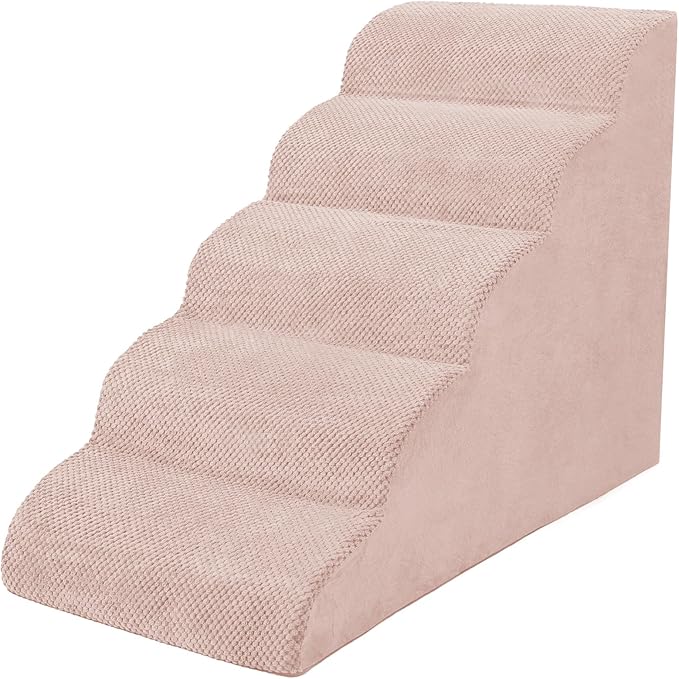 5 Steps Dog Stairs for Bed, 24" Dog Steps for High Bed, High Density Pet Steps for Small Dogs, Extra Wide Non-Slip Dogs Ramp for Injured, Older Pets, Small Cats, Pink