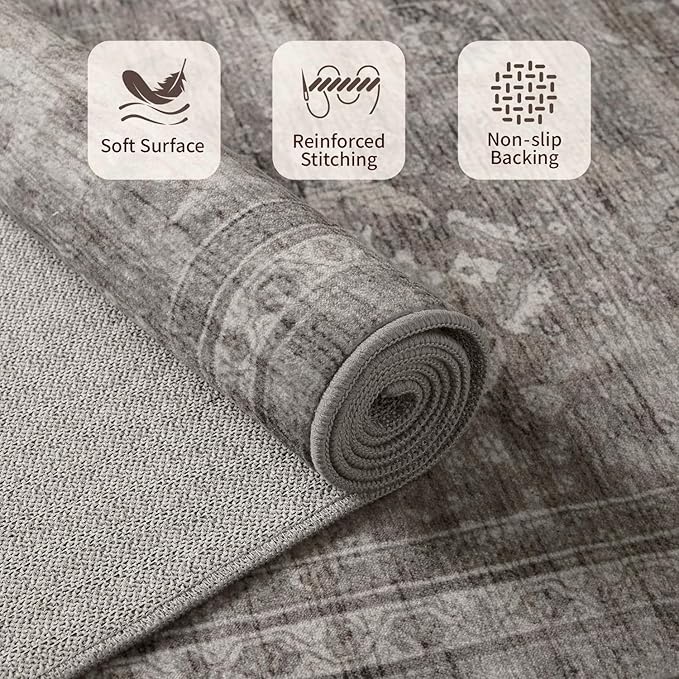 2'6''x8' Runner Rug, Washable Kitchen Rugs, Grey Boho Vintage Floral Hallway Runner, Non Slip Low Pile Area Rug Carpet for Hallway, Kitchen, Laundry Room and Bathroom(Grey/Taupe 2.6x8ft)