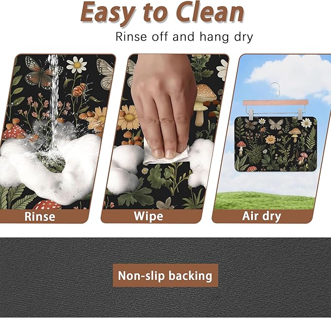 Red Mushroom Pet Feeding Mat,Fern Herb Butterfly Absorbent Quick-Dry Cat Dog Food and Water Bowl Mats,Non-Slip Rubber Backing Mat,Cat Dog Accessories Supplies 16"x24"