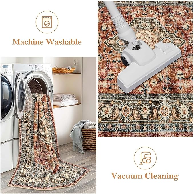 Lahome Oriental Hallway Runner Rug, 2.5x10 Washable Runner Ultra-Thin Hallway Rug for Bedroom Entryway, Soft Long Carpet for Kitchen Bathroom ?랰aundry Room, Brick Red
