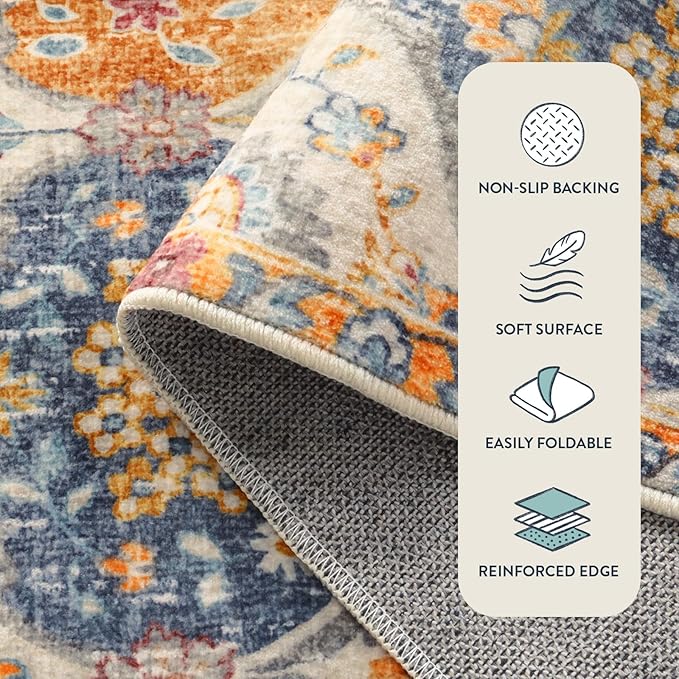 Lahome Moroccan Hallway Runner Rug, 2'5''x8' Ultra-Thin Washable Runners for Hallways Kitchen, Oriental Laundry Room Rug Non-Slip Vintage Long Carpet for Entryway Bedroom Bathroom, Cream/Multi