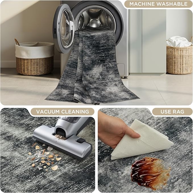 Joydeco 6x9 Area Rugs for Living Room, Non-Slip Modern Abstract Soft Washable Rug, Low Pile Carpet for Bedroom, Dining Room, Home Office, Pet & Child Friendly, Light Gray & White & Dark Gray