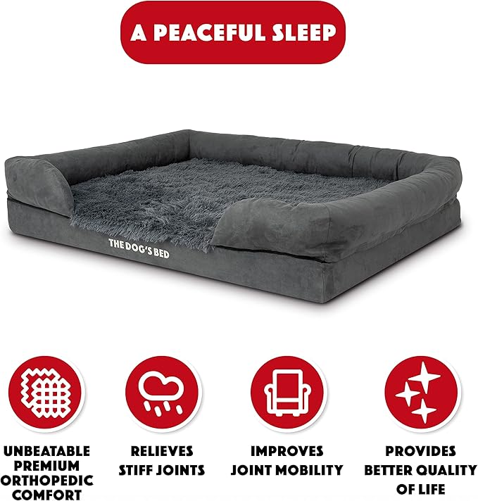 The Dog’s Bed Orthopedic Memory Foam Dog Bed with Bolsters, Fur Fabric, Grey Fur, L