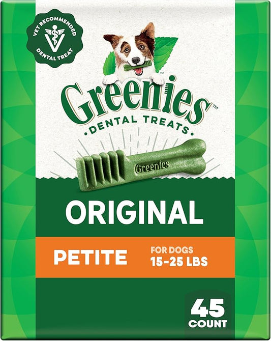 Greenies Veterinarian-Recommended Adult Natural Dental Dog Treats Petite Size, Dog Dental Chews, Original Flavor, 27 oz. Pack, 45 Count