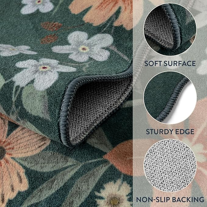 Lahome Floral Hallway Runner, 2X6 Washable Runner Rug Non-Slip, Ultra-Thin Soft Stain Resistant Boho Low-Pile Carpet for ‎Kitchen Laundry Bathroom Bedroom, Dark Green