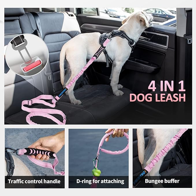 IOKHEIRA Dog Leash, Multifunctional for Medium & Large Dogs, Adjustable with Car Seatbelt, 4-6 FT Strong Bungee, Pink