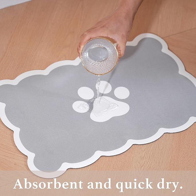 Ralxion Scalloped Dog Feeding Mat, Absorbent Mats for Dog Food and Water Bowl, Dispenser, Cute Elegant Aesthetic Grey Scallop Pet Placemat for Dogs, Cats, Puppy Accessories, 17" X 24”