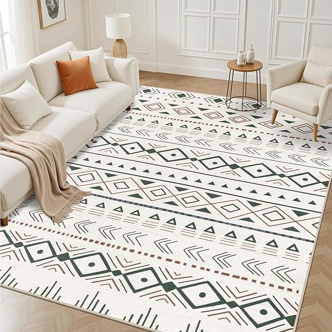 8x10 Area Rugs Living Room Rug: Washable Rug Neutral Lagre Soft Thin Carpet Indoor Floor Non Slip Boho Geometric Moroccan Carpets for Bedroom Dining Room Farmhouse Nursery Office - Brown Green