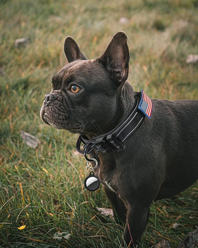 AUBELL Reflective Tactical Dog Collar,Adjustable Military Heavy Duty K9 Collars with Handle and Quick Release Metal Buckle Great for Large Dogs, with Airtag Case and 2 Patches (Black,L)
