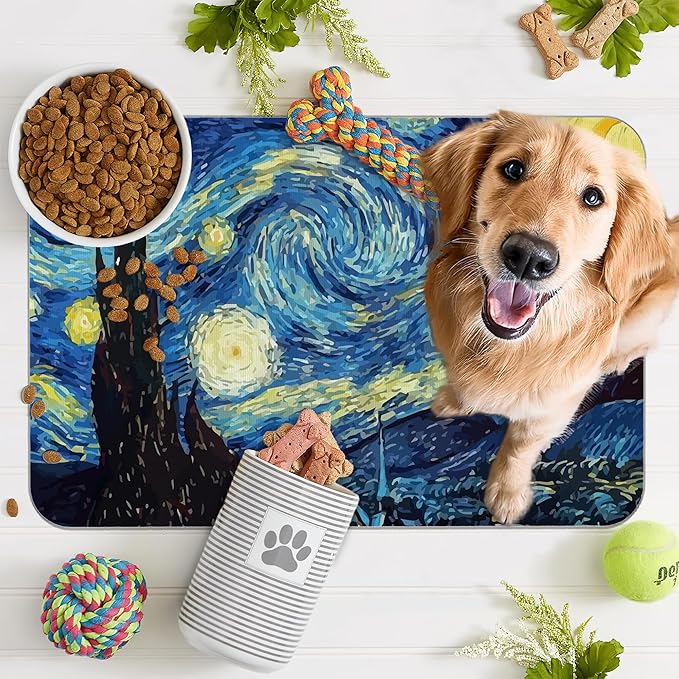 Starry Night Dog Cat Food Mat,Absorbent Pet Feeding Mat for Food and Water,Non-Slip Dog Bowl Mats Floor Protector 12"x20"