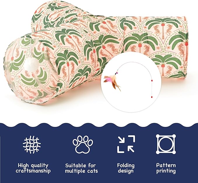 Tempcore Pet Cat Tunnel Tube Cat Toys 3 Way Collapsible, Cat Tunnels for Indoor Cats，Kitty Tunnel Bored Pet Toys Peek Hole Toy Ball Puppy, Kitty, Kitten, Rabbit Khaki Coconut Tree