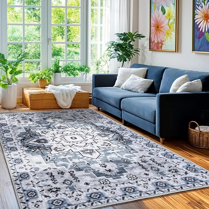 LBRO2M Boho Rug 4X6 Washable Rugs for Bedroom Non Slip Indoor Rugs, Soft Low Piles Carpet Blue Foldable Rug for Living Room Pet Friendly Area Rugs Stain Resistant (4'X6' Blue)