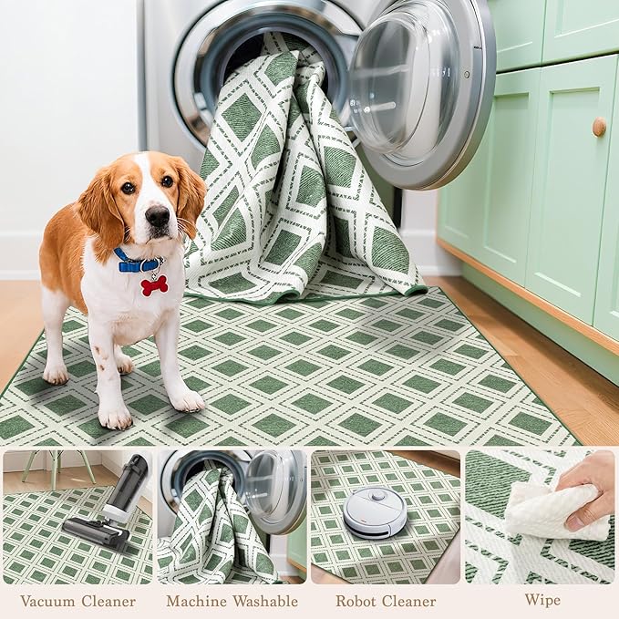 LBRO2M Checkered 10X14 Area Rug for Living Room Washable Rugs for Bedroom Dining Room Non Slip Modern Rugs Easy Clean, Soft, Stain Resistant Carpet Great for Pets and Family (10'X14' Green)