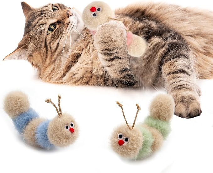 Interactive Natural 3 PK Catnip Toy, with Rattle, Bite Resistant, for All Ages Indoor Cat, Soft Caterpillar Toys, Fluffy Kitten Toy