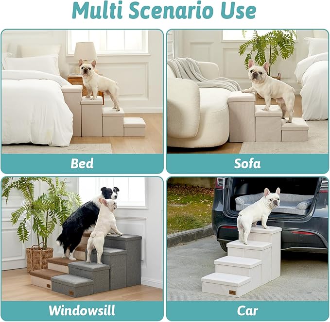 Dog Stairs with Storage, 4-Step Wider Sturdy Dog Steps for Small/Medium/Large Dogs and Older Cats, Folding Doggie Ramp for Bed/Couch/Car Hold Up to 180 lbs (22" H, Beige)