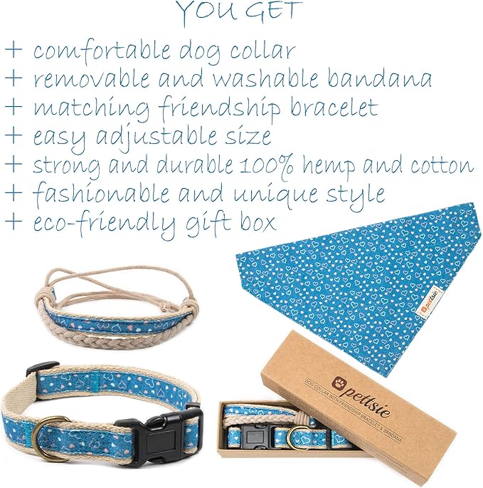 Pettsie Adjustable Dog Bandana Collar with Matching Owner Friendship Bracelet – Soft & Durable Hemp, Stylish Removable Scarf for Dogs, Gift-Ready Set for Pet Lovers, Medium, Blue