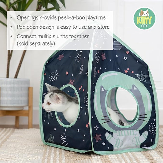 Kitty City Galactic Pop-Up Cat Play House, Collapsible Indoor Cat Hideout with Peekaboo Openings, Lightweight Foldable Cat Cube for Play & Lounging