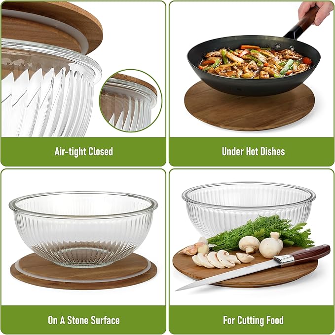 Set of 3 Stackable Space-Saving Nesting Glass Salad Bowls with Acacia Lids for Foodprep, Storage, Baking, Mixing & Cooking - Microwave Safe Durable Inert Borosilicate Glass