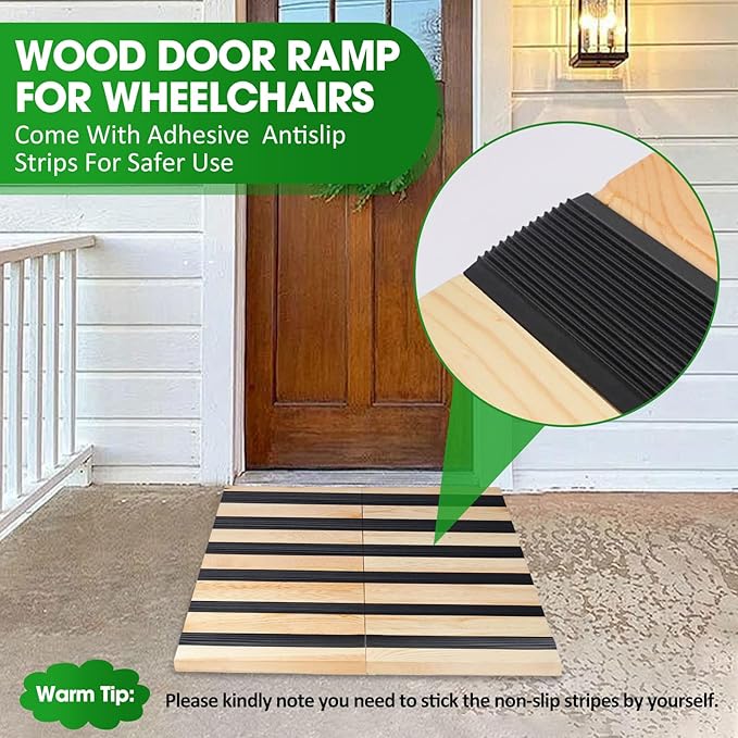 7" Rise Wooden Threshold Ramp for Home Steps, Door Ramp for Wheelchair/Walker/Cart/Scooter, Multipurpose Door Ramp with Non-Slip Stripes(35.4" W*7.0" H, Solid Wood, 800LBs Capacity)