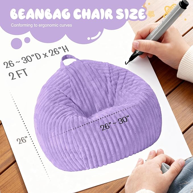 Homguava 2Pcs of 2FT Bean Bag Chair, 2' Small Bean Bags with Memory Foam Filled, Beanbag Chairs with Machine Washable Cover Dutch Corded Plush Cover for Classroom,Living Room,Bedroom-Purple