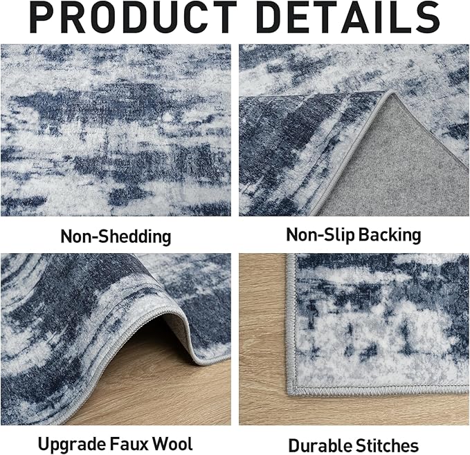 5x7 Area Rugs Washable Rug: Modern Abstract Living Room Rug Soft Anti-Skid Thin Carpet Indoor Floor Non-Shedding Carpets for Bedroom Dining Room Farmhouse Nursery Home Office Blue Grey