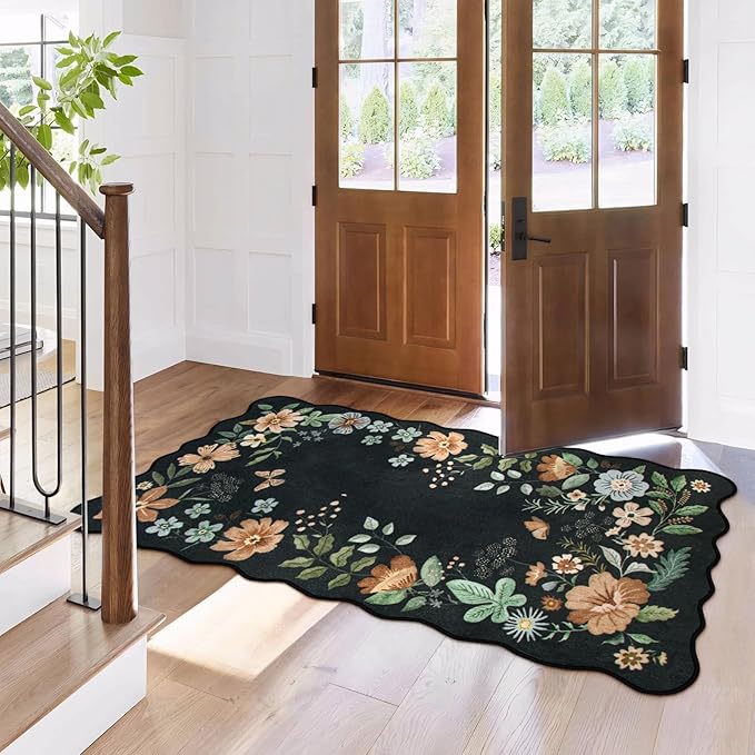 Lahome Floral Entryway Rug, 2x4 Washable Kitchen Rug Ultra-Thin, Non-Slip Soft Door Mat Indoor Entrance Stain Resistant Boho Small Low-Pile Throw Carpet for Bathroom Bedroom(2x4ft,Black/Grey)