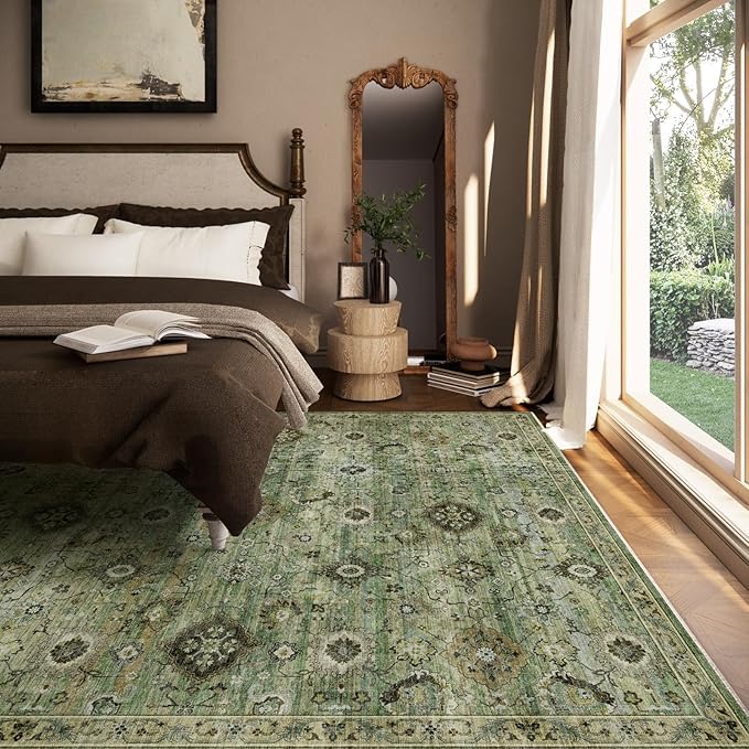 Washable Area Rugs for Living Room: 5x7 Rug Boho Vintage Rugs Stain Resistant Non Slip Low Pile Lightweight Soft Carpets for Bedroom Kitchen Dining Room Nursery Kids Room Farmhouse Home Office