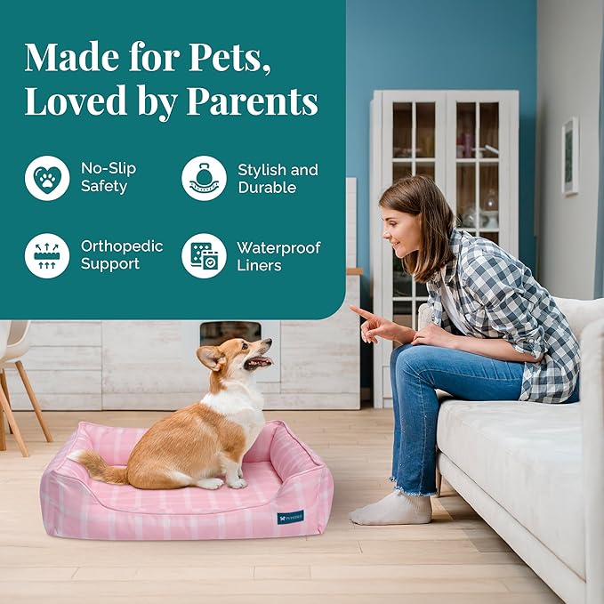 Orthopedic Bolster Dog Bed – CertiPUR-US Foam, Recycled Polyester Canvas, Washable Cover, Anti-Slip Bottom, Medium, Pink Check – Stylish Designer Dog Sofa