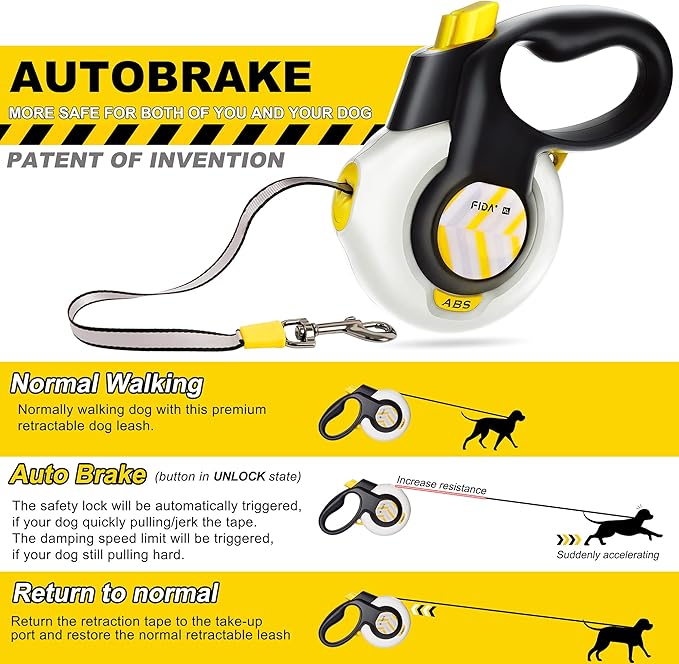 FIDA AutoBrake Retractable Dog Leash. Advanced Patented Design for Dog Pulling, 16 ft Heavy Duty No Pull Pet Walking Leash for Small Breeds. 360째 Tangle Free, Soft Grip, Small Size.