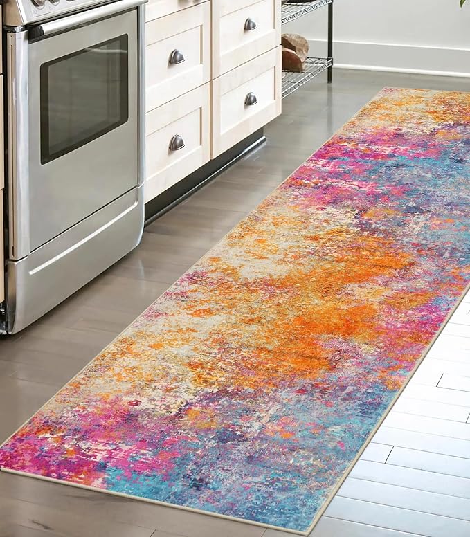 Lahome Modern Abstract Runner Rugs with Rubber Backing - 2x8 Colorful Rug Runners for Hallways Non Slip Washable Carpet Runner, Rainbow Soft Non Skid Indoor Long Runner for Bedroom Kitchen