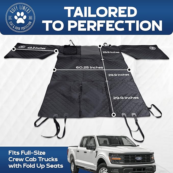 Ruff Liners XL Floor Cover with Door Protection, Black – As Seen on Shark Tank – Fits Full Size Crew Cab Trucks with Fold Up Seats, Waterproof & Machine Washable – Sturdy XL Dog Hammock for Truck