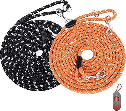 (2 Pack) Long Dog Leash for Dog Training 15FT/30FT/50FT, Dog Rope Check Cord with Reflective Thread for Large Medium Small Dogs, Dog Tie-Out Cable Lead for Hunting, Camping&Backyard