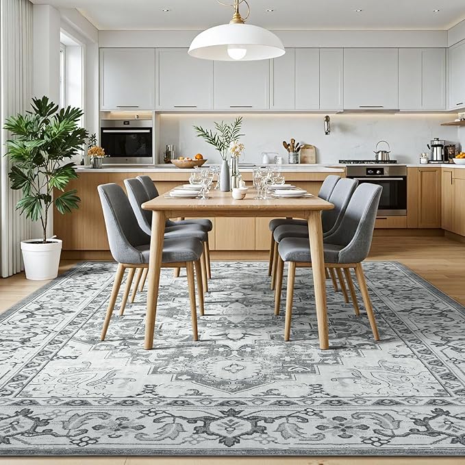 Lessymo Washable Area Rugs 6x9- Boho Area Rug Low Pile for Bedroom Living Room Kitchen, Ultra-Soft Faux Wool Vintage Area Rug with Non-Slip Rubber, Kid & Pet Friendly, Grey Cream White