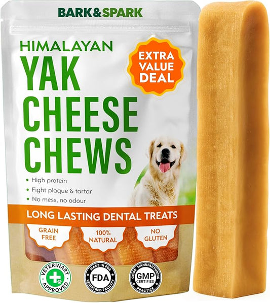 BARK&SPARK Yak Cheese Himalayan Dog Chews - 100% Natural & Long Lasting Dog Treats, Yak Milk Chews for Small, Medium & Large Dogs, Lactose & Gluten Free Dental Sticks, Healthy & Safe (8 Large Chews)
